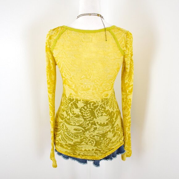 Intimately Free People Bitter Yellow Sheer Damask Burnout Long Sleeve Henley Top - Picture 3 of 7